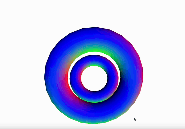 Later, I added a second smaller torus with torus(100, 30). I made it rotate in the opposite direction, so the two donut shapes spin against each other.