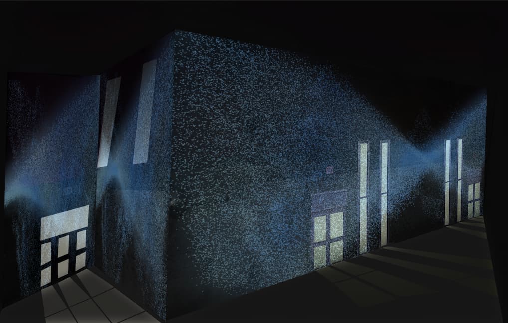 Then, I applied the particle effect across all sides of the building and added an additional blurred layer using Gaussian Blur to create a soft glowing effect.