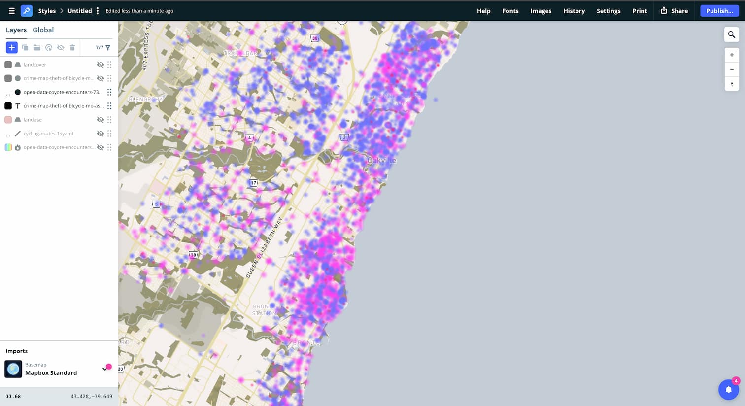 Mapbox tutorial 4 – Experimenting the bivariate circle styles on the map using coyote encounters data