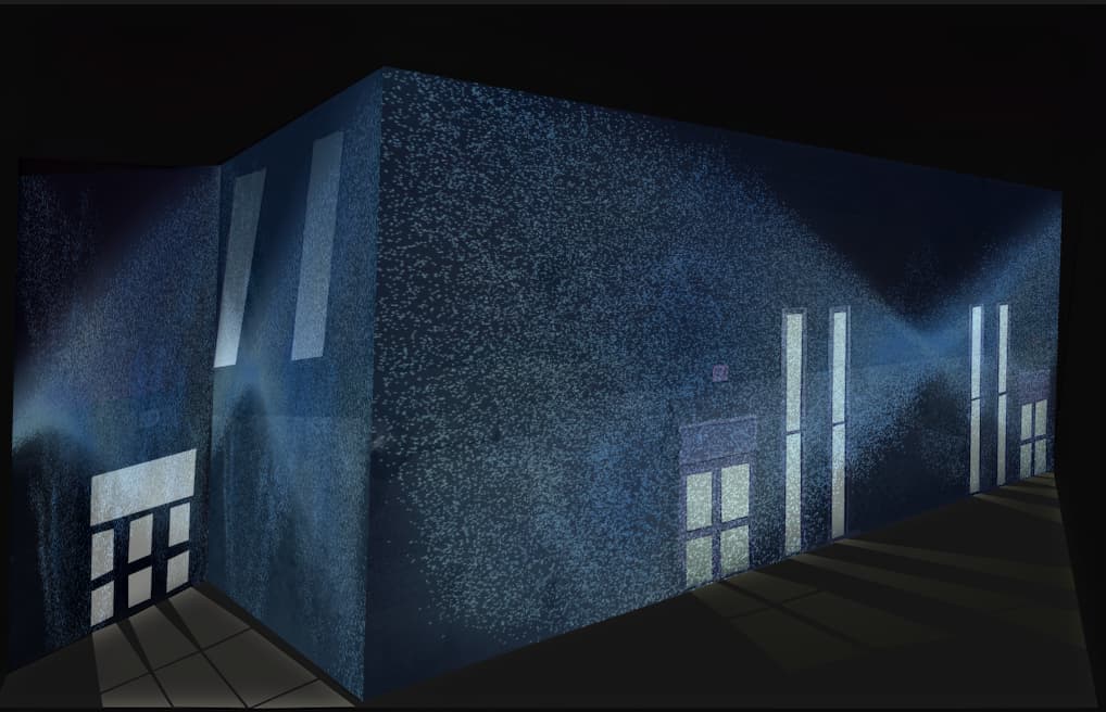 I tried adding solid colours with low opacity onto the building behind the particles to enhance the atmosphere, but the result felt too flat.