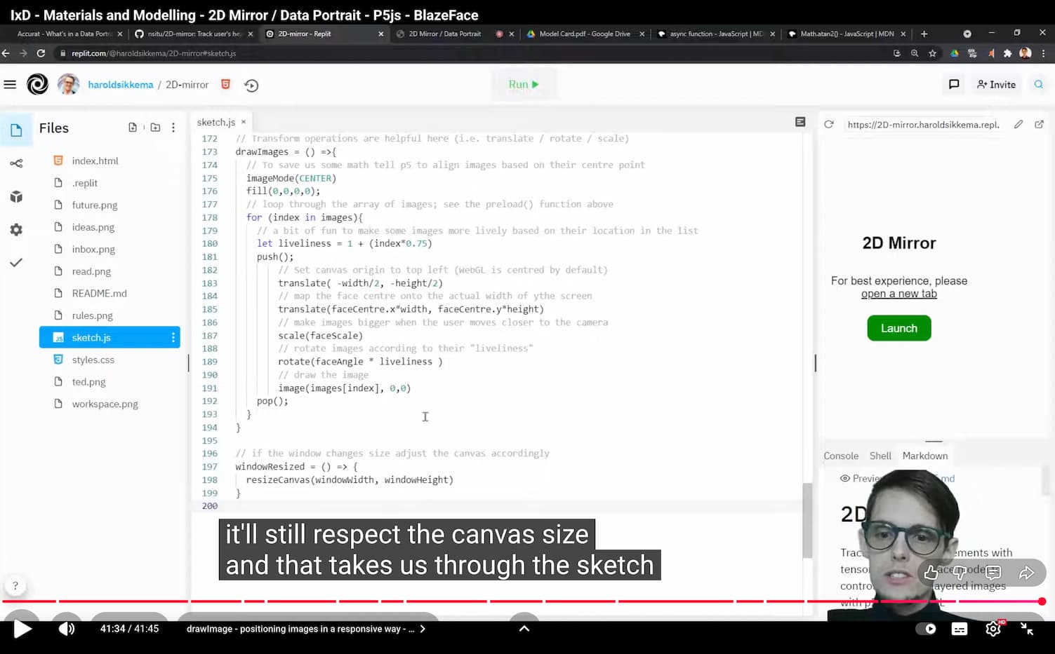 I watched Harold’s 2D tutorial to understand how the p5 face mesh example works.